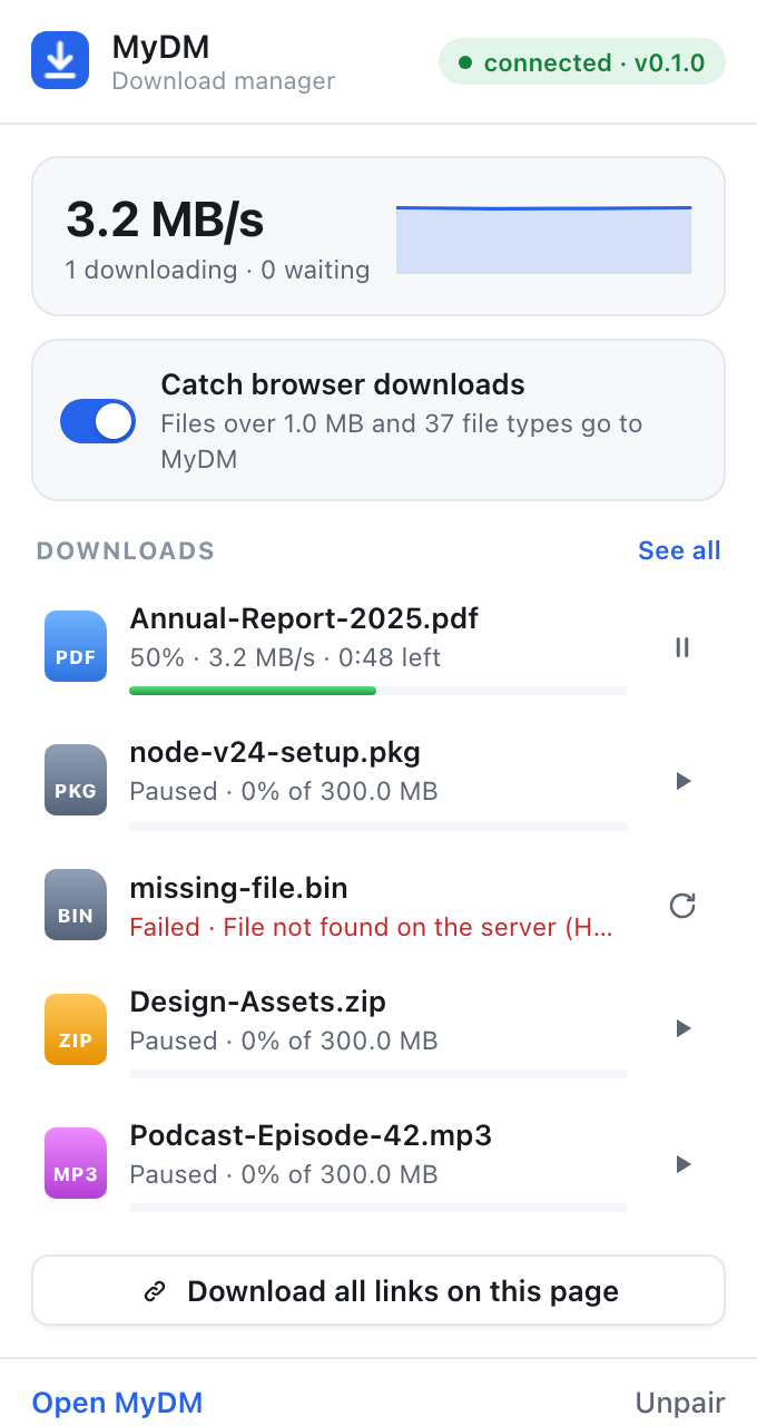 The SQDM extension popup: connection status, live speed, the “Catch browser downloads” switch and a list of downloads with progress.