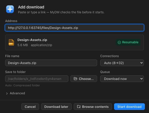 The Add download window: address field, file preview with name, size and a Resumable badge, folder and connection options.