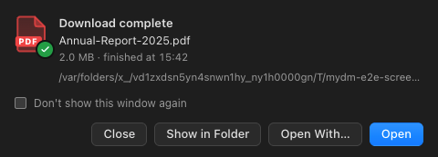 The Download complete window with Open, Open With, Show in Folder and Close buttons.
