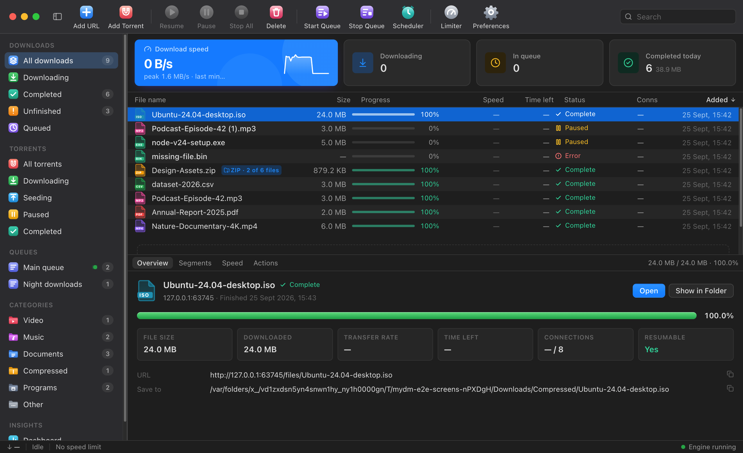 SQDM on macOS, dark: toolbar, sidebar with queues and categories, the download list, and details of a running download.