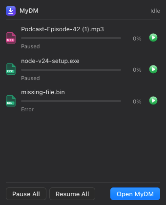 The menu bar mini panel listing downloads with progress and pause/resume buttons.