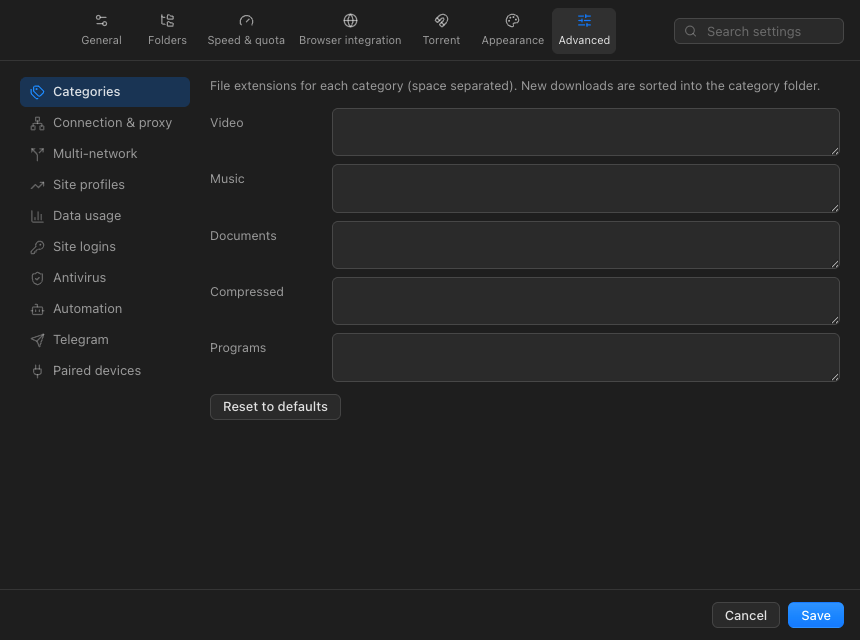 The Advanced preferences tab with connection and network settings.