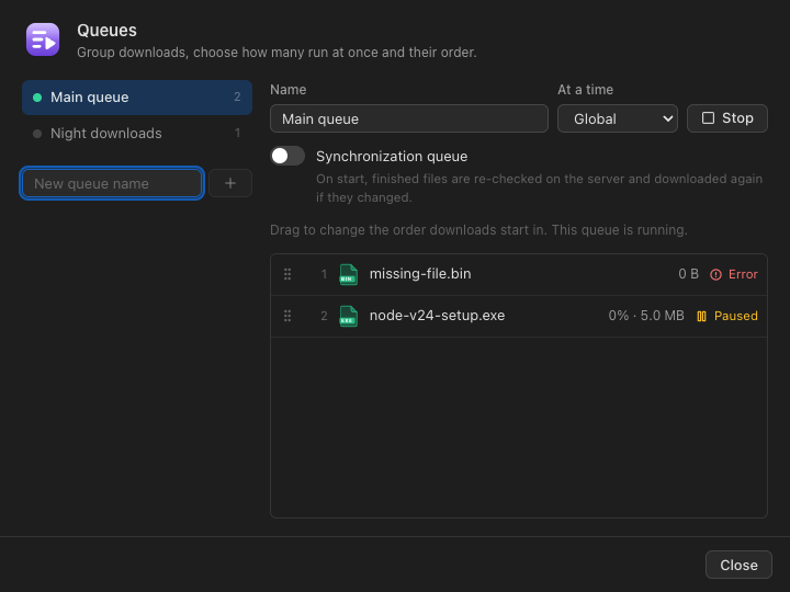 The Queues window: a list of queues, the chosen queue’s settings and its downloads in order.