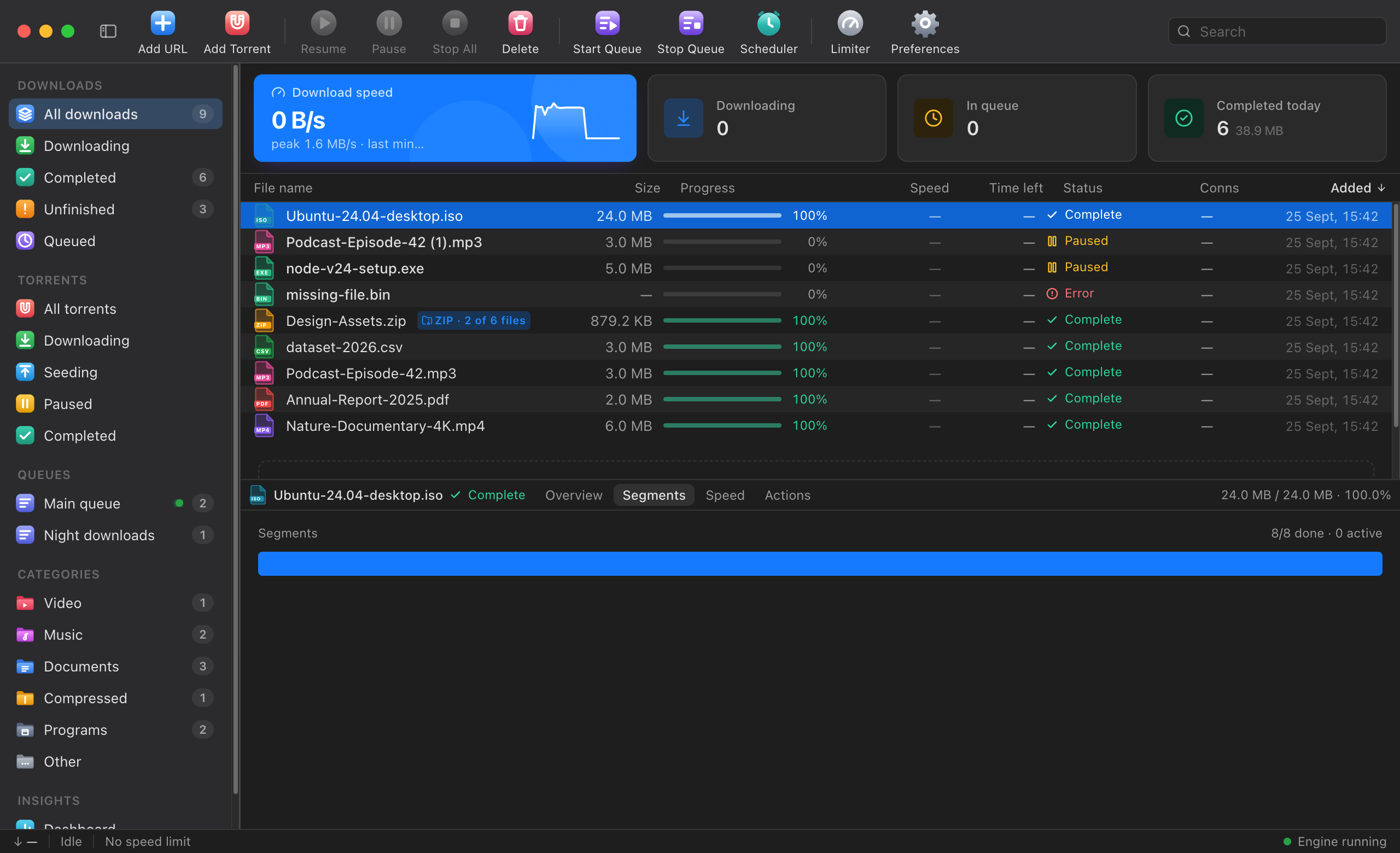 The Segments tab: one bar per part of the file, each filling as its connection downloads.