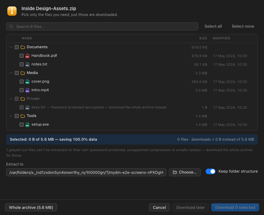 The ZIP browser window: a folder tree with checkboxes and sizes, and a footer showing the selected size and data saved.