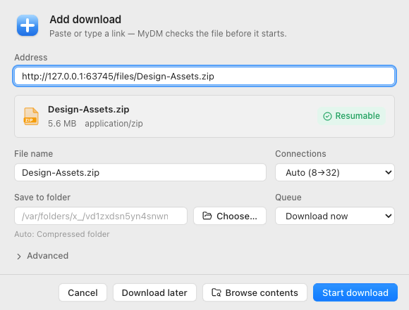 The Add download window: address field, file preview with name, size and a Resumable badge, folder and connection options.