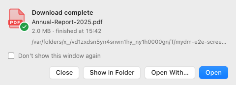 The Download complete window with Open, Open With, Show in Folder and Close buttons.