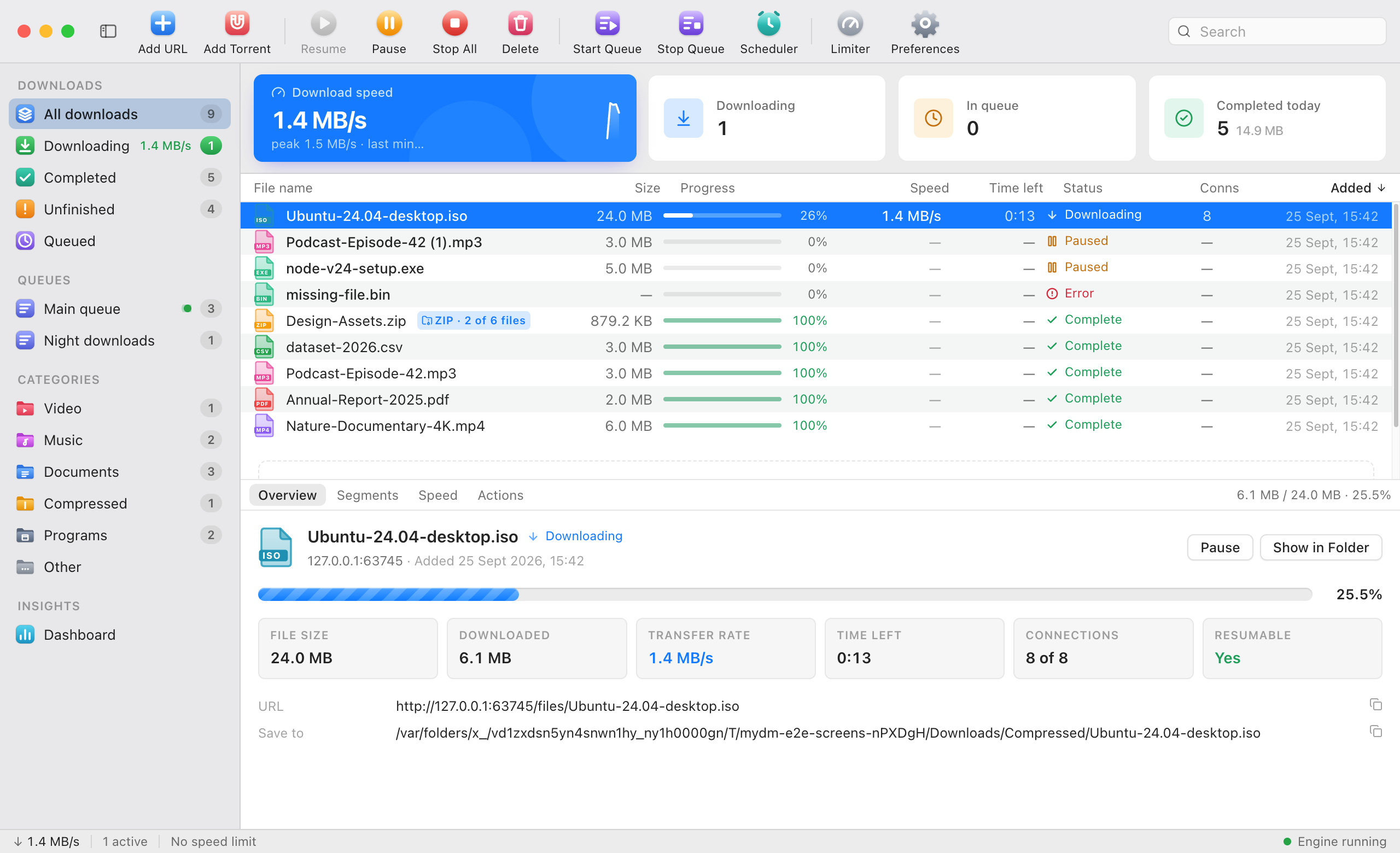 SQDM on macOS, light: toolbar, sidebar with queues and categories, the download list, and details of a running download.