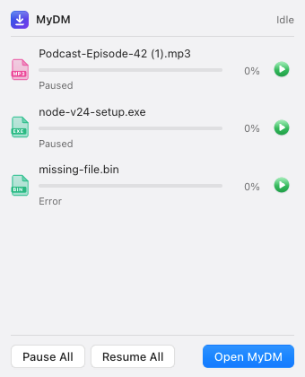 The menu bar mini panel listing downloads with progress and pause/resume buttons.