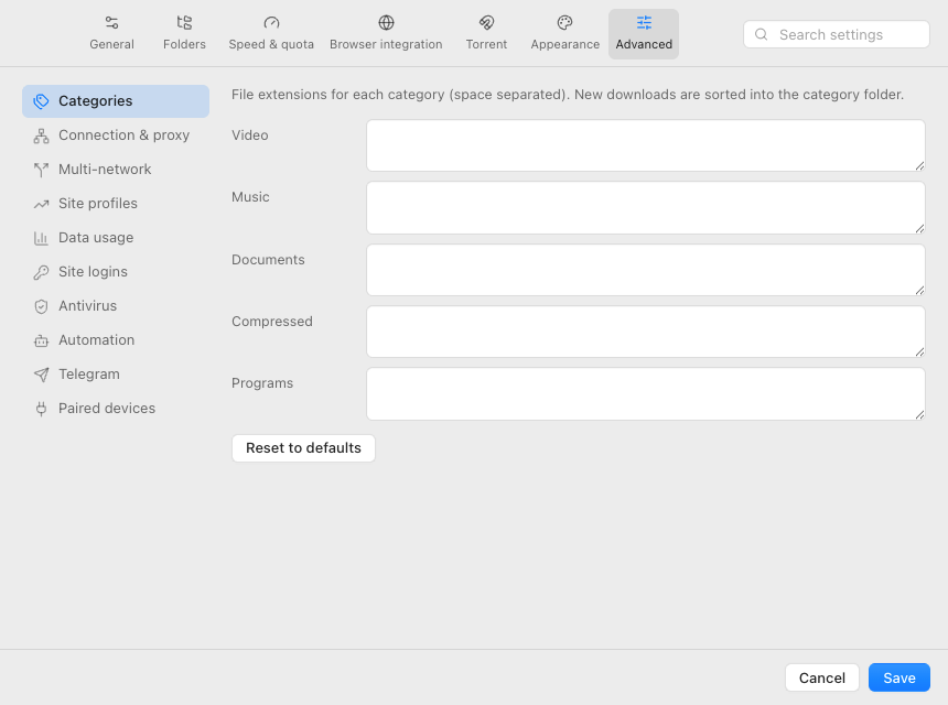 The Advanced preferences tab with connection and network settings.