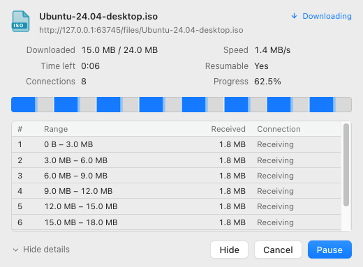 A download’s progress window: file name, speed, time left, segment bar and one row per connection.
