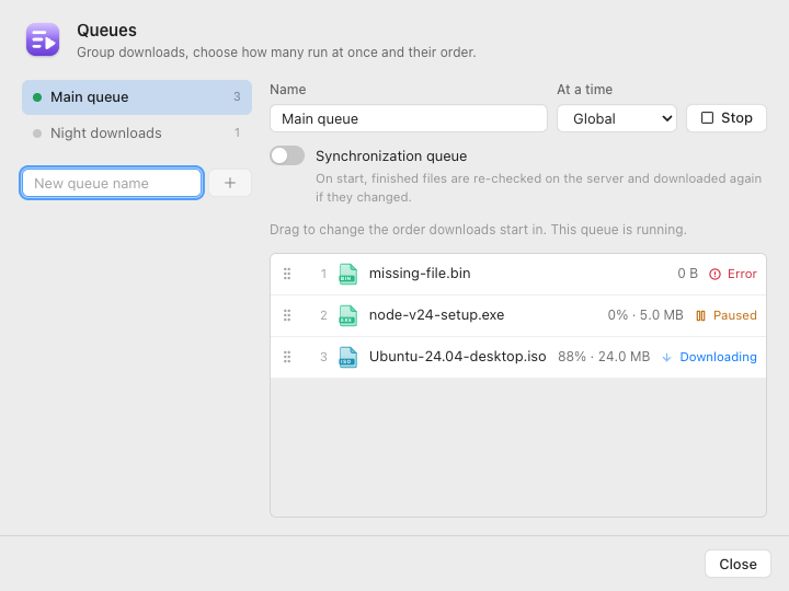 The Queues window: a list of queues, the chosen queue’s settings and its downloads in order.