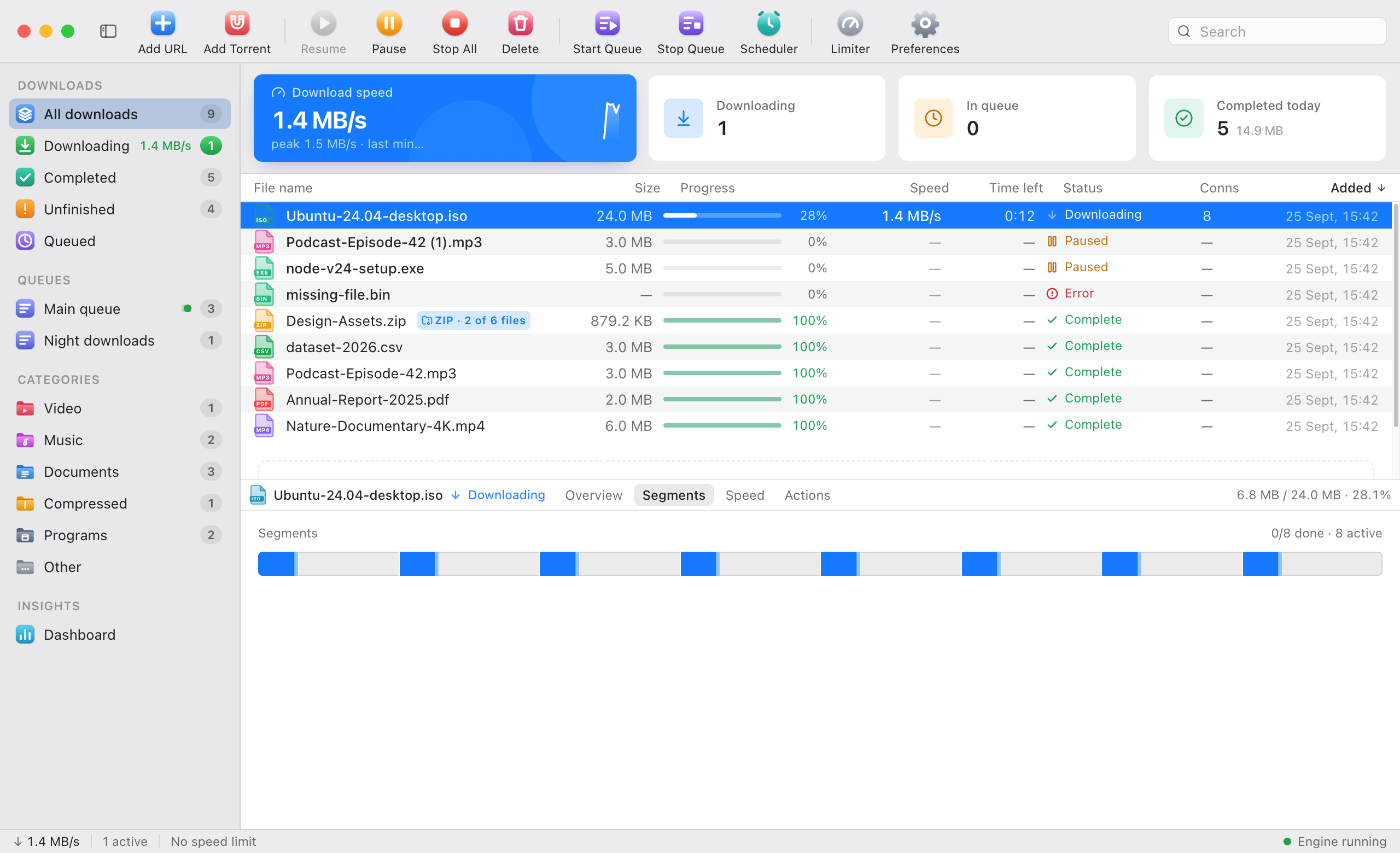 The Segments tab: one bar per part of the file, each filling as its connection downloads.