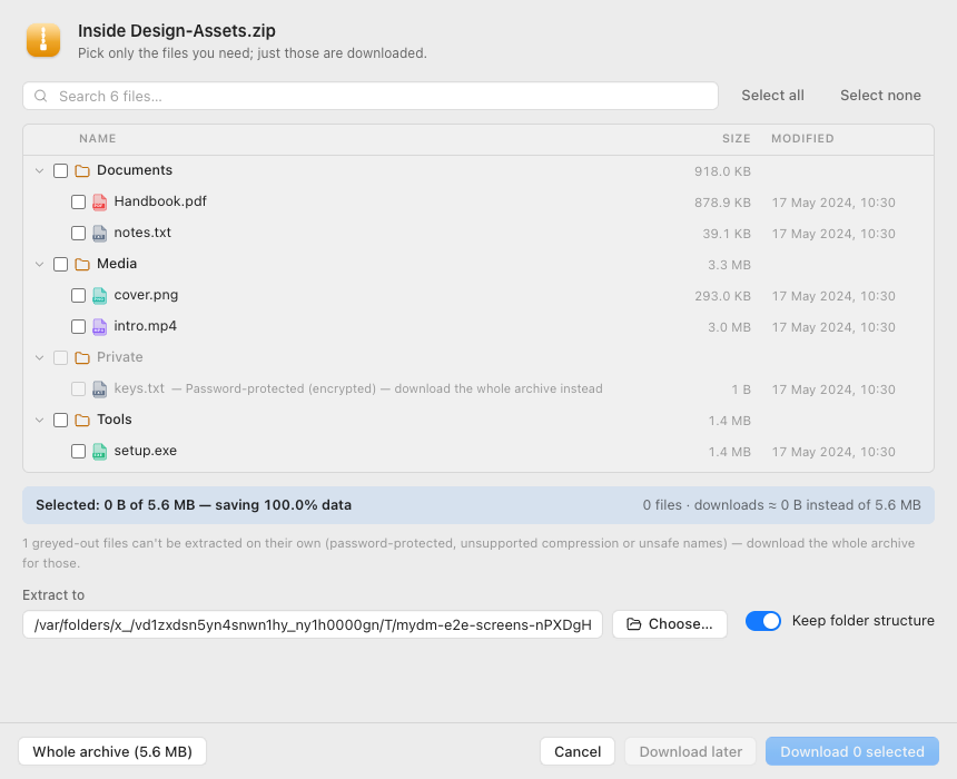 The ZIP browser window: a folder tree with checkboxes and sizes, and a footer showing the selected size and data saved.