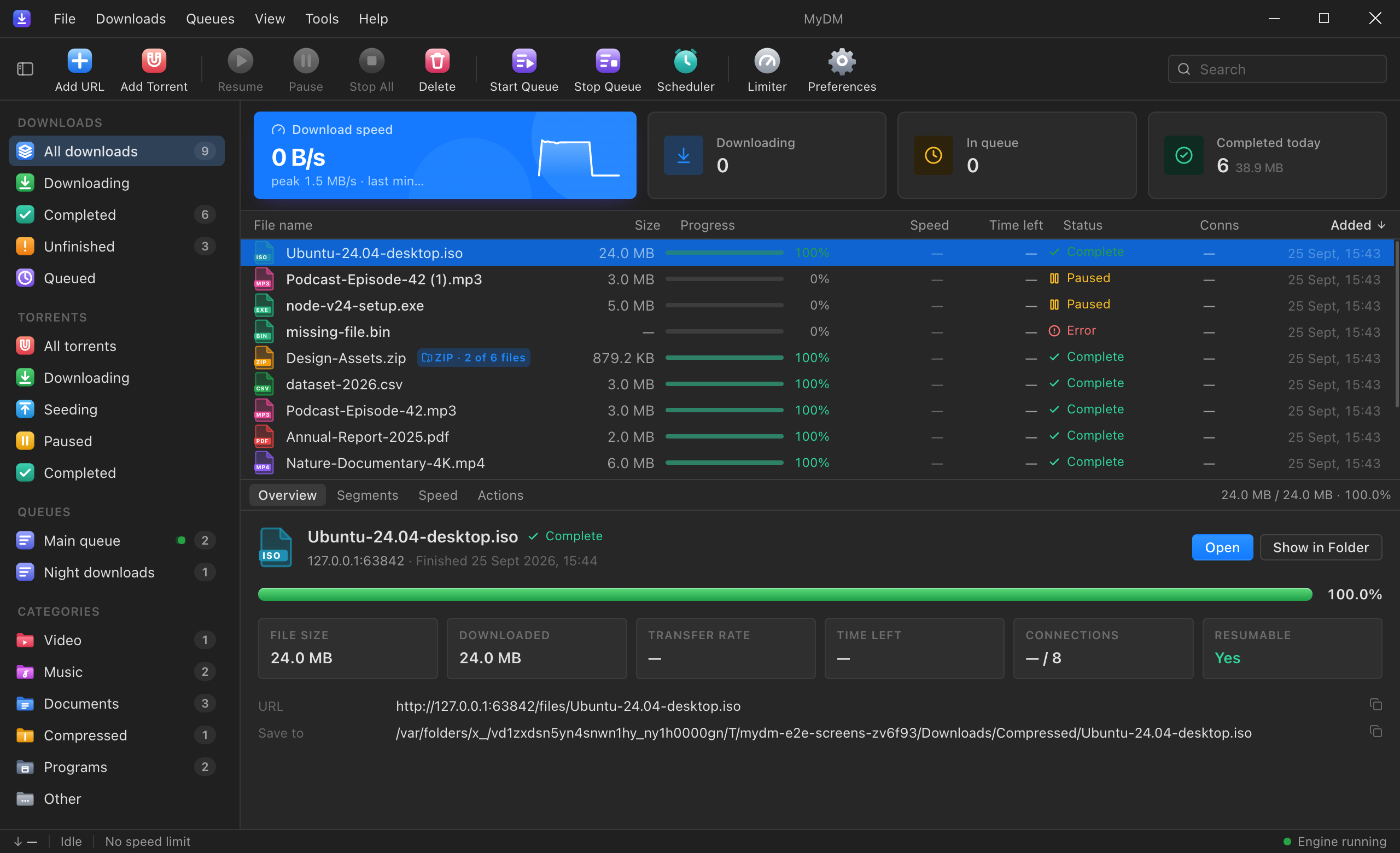 SQDM on Windows, dark: menu bar and title bar, toolbar, sidebar, the download list, and details of a running download.