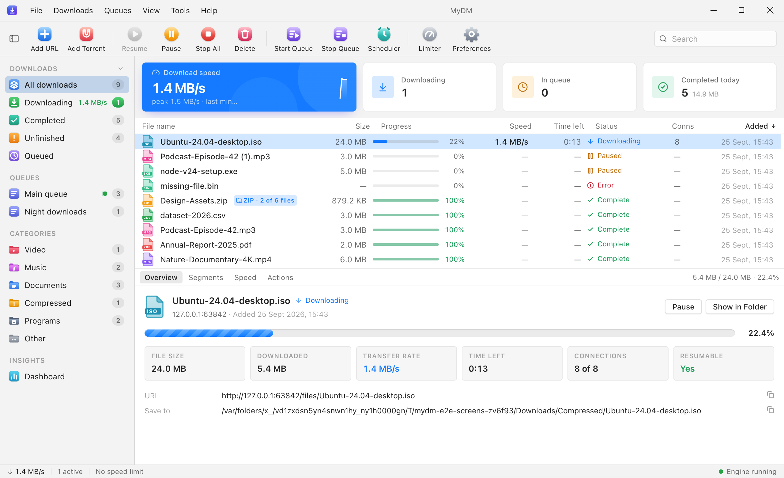 SQDM on Windows, light: menu bar and title bar, toolbar, sidebar, the download list, and details of a running download.